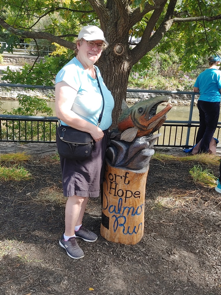 Joanne Andrade with Port Hope Salmon Run carving