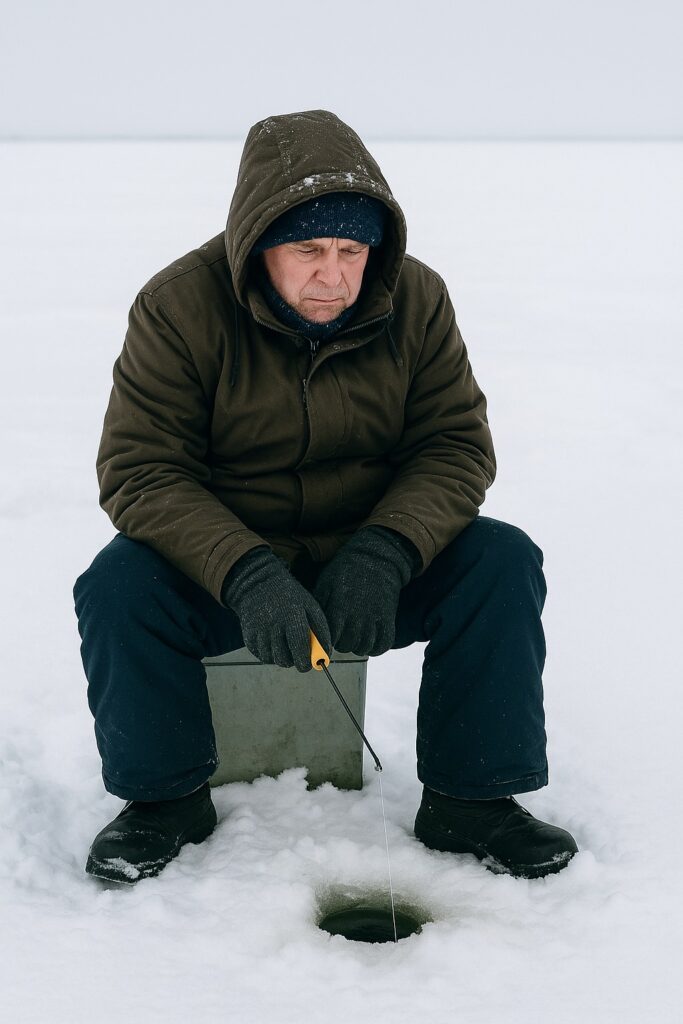 Man sitting in the cold, Ice Fishing