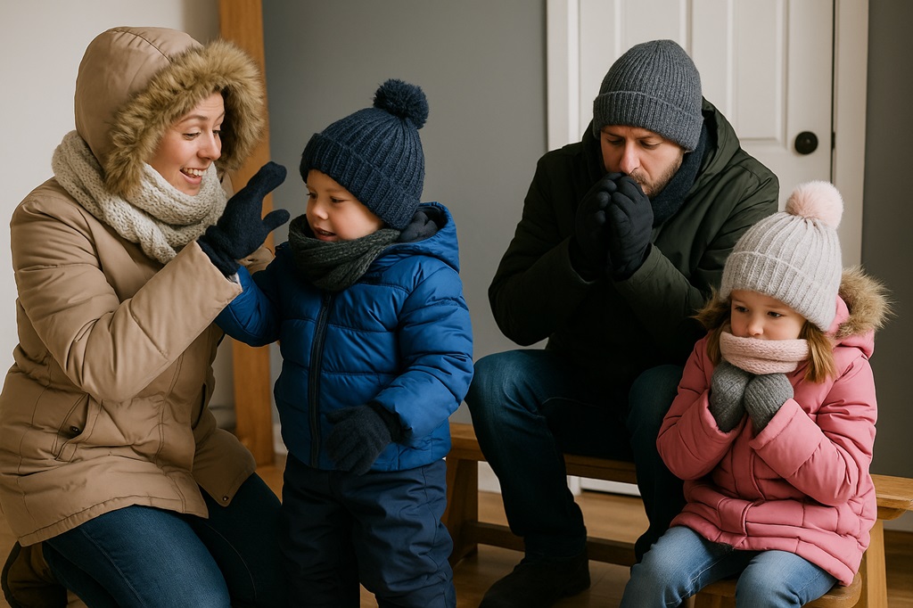 Family getting into warm winter clothes