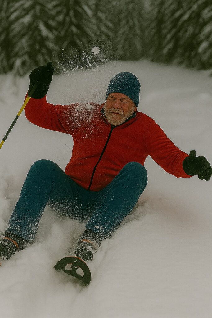 Snowshoer falling over in a deep snow drift - Winter Fun