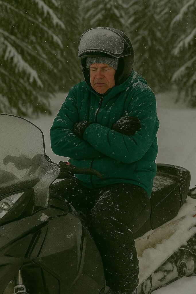 A very cold Snowmobiler sitting on his snowmobile