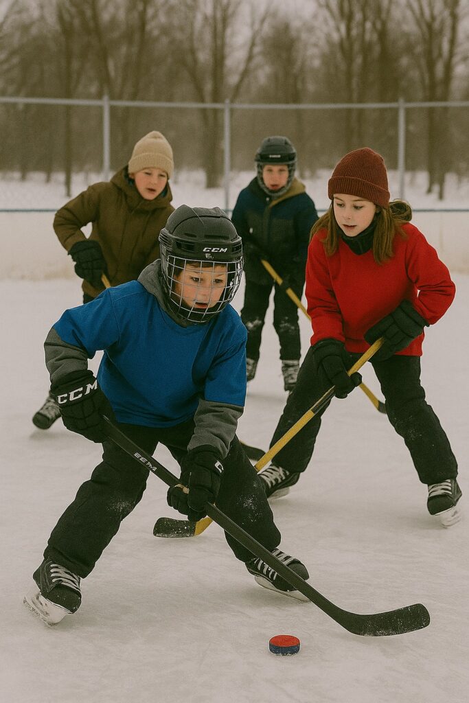 kids playing Ice Hockey on an outdoor rink - Winter Fun