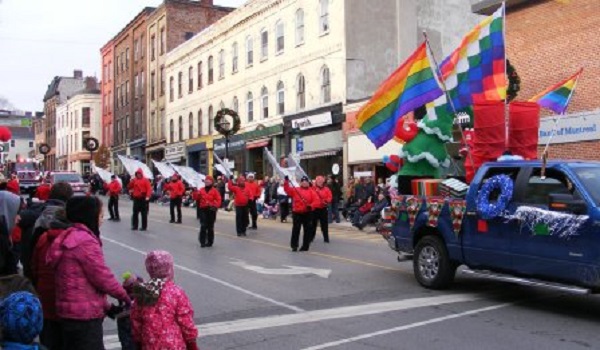 Parade marchers with flags